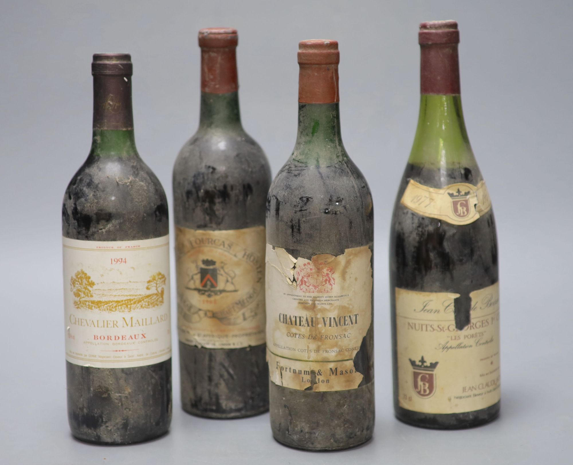 A 1977 Nuits-St-Georges Ier Cru and three French Bordeauxs